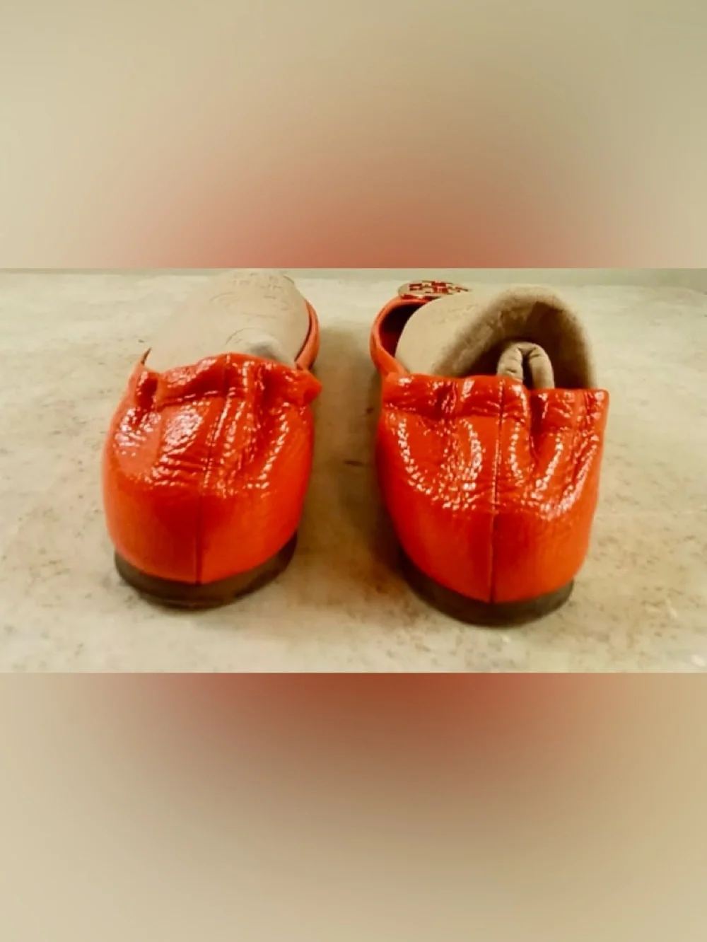 Tory Burch Orange Patent Leather Ballet Flats with Gold Logo - Picture 9 of 9